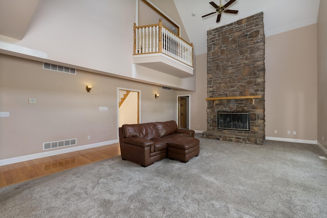 405 Alexander Rd, Crittenden, KY 41030 - living area featuring high vaulted ceiling, ceiling fan, carpet flooring, baseboards, and a fireplace
