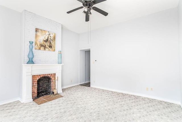 718 Central Ave, Newport, KY 41071 - unfurnished living room with ceiling fan, carpet, a brick fireplace, and baseboards