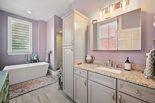 842 Monroe St, Newport, KY 41071 - full bath with a freestanding bath, healthy amount of natural light, vanity, wood finished floors, and recessed lighting