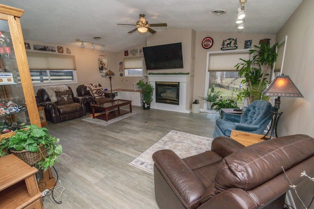 1727 Shaw Rd, Independence, KY 41051 - living area with a ceiling fan, track lighting, vaulted ceiling, wood finished floors, and a glass covered fireplace