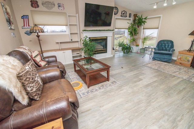 1727 Shaw Rd, Independence, KY 41051 - living area with plenty of natural light, light wood-style floors, a glass covered fireplace, and vaulted ceiling