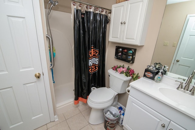 1727 Shaw Rd, Independence, KY 41051 - bathroom with vanity, tile patterned flooring, toilet, baseboards, and a shower with shower curtain
