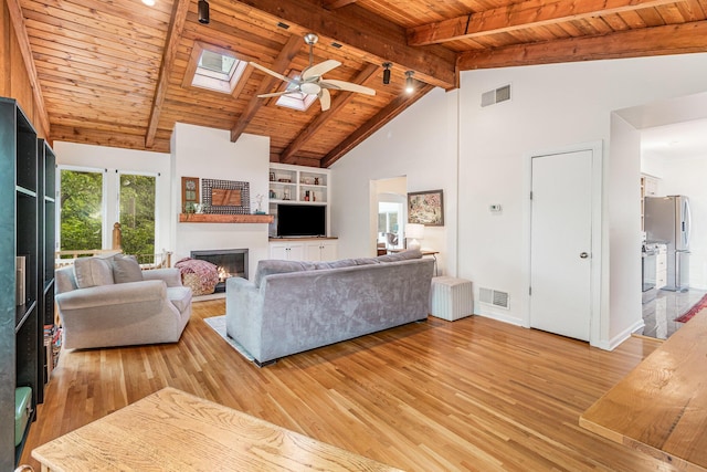 1058 Emerson Rd, Park Hills, KY 41011 - living room with a ceiling fan, wooden ceiling with exposed beams, light wood-style flooring, a fireplace, and a skylight