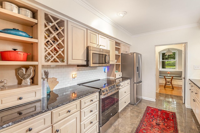 1058 Emerson Rd, Park Hills, KY 41011 - kitchen with appliances with stainless steel finishes, open shelves, ornamental molding, decorative backsplash, and dark stone countertops