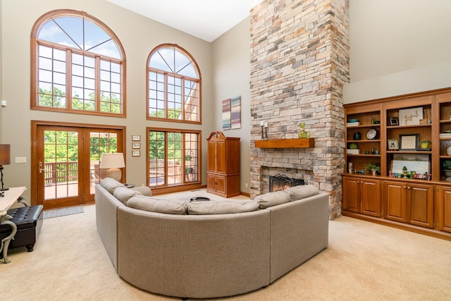 2090 Edenderry Dr, Fort Mitchell, KY 41017 - living area featuring high vaulted ceiling, light carpet, french doors, and a fireplace