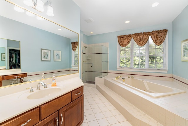2090 Edenderry Dr, Fort Mitchell, KY 41017 - bathroom with a stall shower, a garden tub, tile patterned flooring, vanity, and recessed lighting