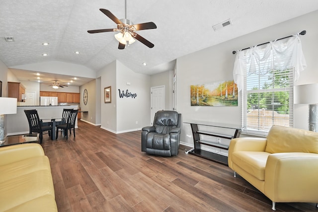 9072 Timberbrook Ln Unit B, Florence, KY 41042 - living room featuring recessed lighting, a ceiling fan, dark wood finished floors, vaulted ceiling, and a textured ceiling