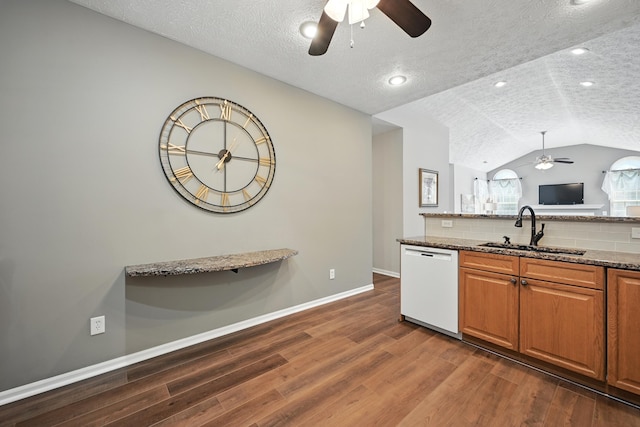9072 Timberbrook Ln Unit B, Florence, KY 41042 - kitchen with white dishwasher, a ceiling fan, a sink, dark wood-style floors, and a textured ceiling