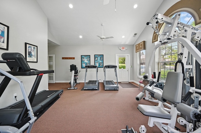 9072 Timberbrook Ln Unit B, Florence, KY 41042 - workout area with ceiling fan, baseboards, high vaulted ceiling, recessed lighting, and carpet