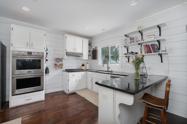 1120 Keefer Rd, Corinth, KY 41010 - kitchen with open shelves, stainless steel appliances, under cabinet range hood, a sink, and a peninsula
