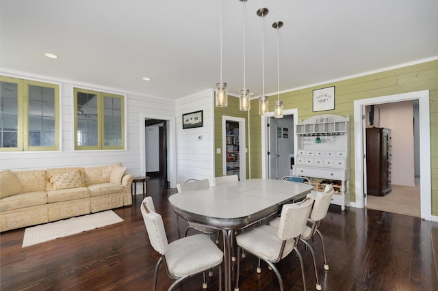 1120 Keefer Rd, Corinth, KY 41010 - dining room featuring hardwood / wood-style flooring, wood walls, recessed lighting, and ornamental molding