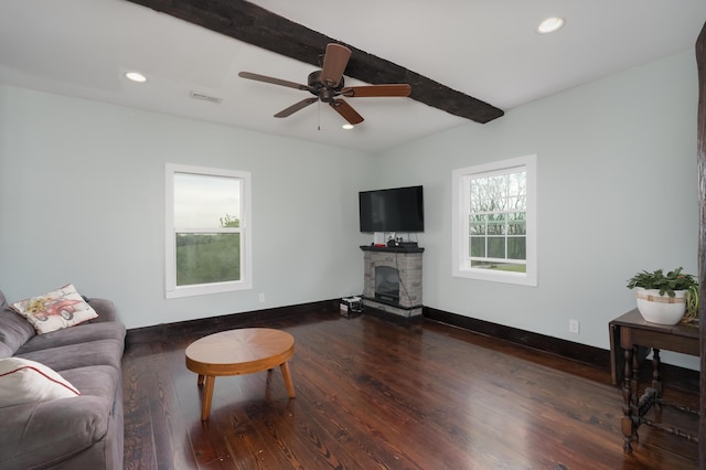 1120 Keefer Rd, Corinth, KY 41010 - living area with dark wood finished floors, recessed lighting, baseboards, a fireplace, and ceiling fan