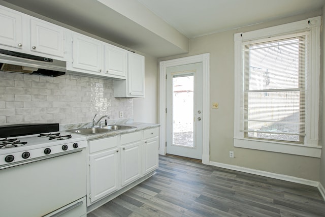 1707 Eastern Ave Unit 1709, Covington, KY 41014 - kitchen featuring white range with gas stovetop, under cabinet range hood, a sink, light wood-style flooring, and white cabinets