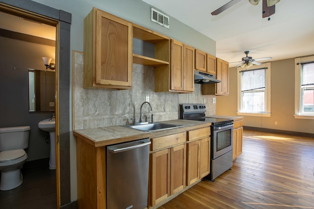 1707 Eastern Ave Unit 1709, Covington, KY 41014 - kitchen with appliances with stainless steel finishes, a sink, ceiling fan, wood finished floors, and decorative backsplash