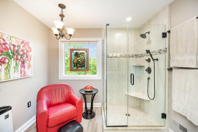 10659 Mountain Laurel Way, Union, KY 41091 - full bath with a stall shower, baseboards, a chandelier, wood finished floors, and recessed lighting