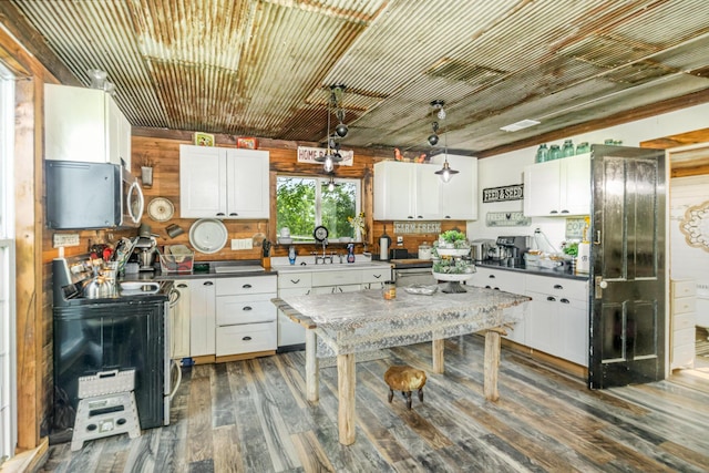 605 Lemon Northcutt Rd, Dry Ridge, KY 41035 - kitchen with stainless steel microwave, white cabinets, dark wood-type flooring, electric range oven, and hanging light fixtures