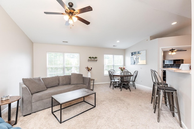 857 Slate Vw, Cold Spring, KY 41076 - living area with a ceiling fan, baseboards, vaulted ceiling, light carpet, and recessed lighting