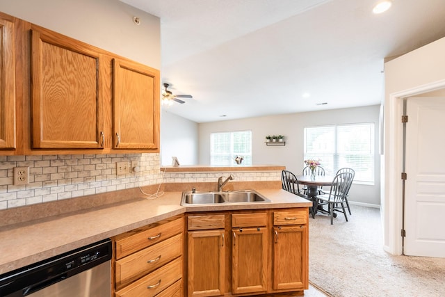 857 Slate Vw, Cold Spring, KY 41076 - kitchen featuring a sink, dishwasher, a peninsula, light colored carpet, and backsplash