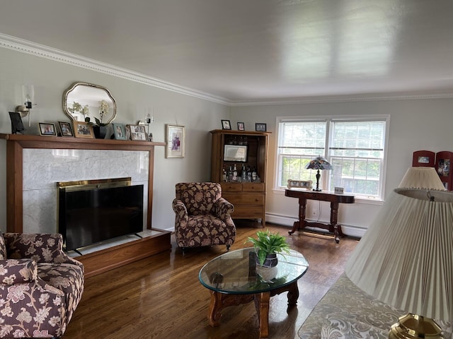 11 Alanna Dr, Wilder, KY 41076 - living room with a baseboard radiator, crown molding, wood finished floors, a fireplace, and baseboards