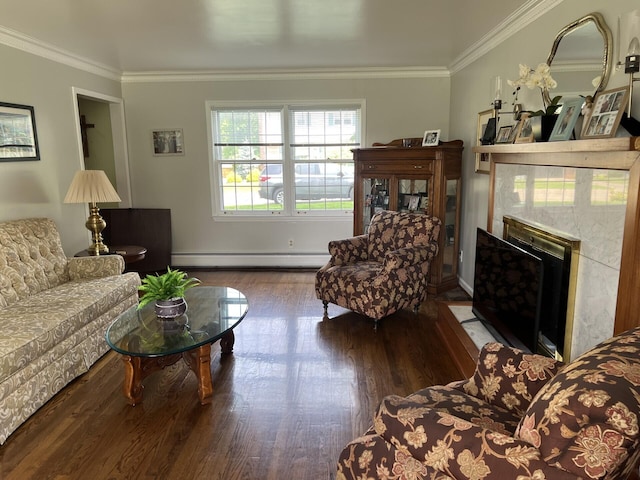 11 Alanna Dr, Wilder, KY 41076 - living room featuring baseboard heating, wood finished floors, ornamental molding, and a tile fireplace