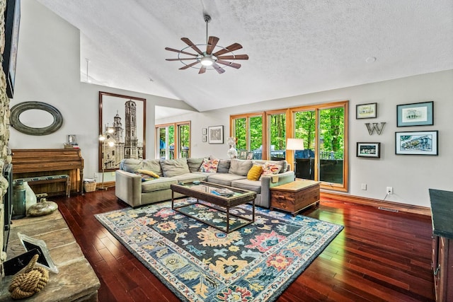 2709 Longbranch Rd, Union, KY 41091 - living area with a ceiling fan, a textured ceiling, hardwood / wood-style flooring, baseboards, and vaulted ceiling