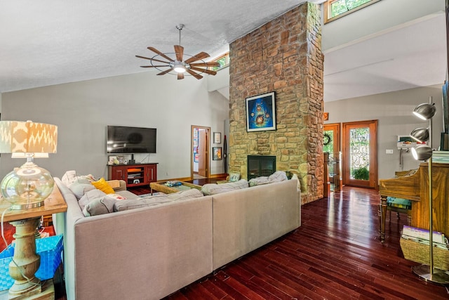 2709 Longbranch Rd, Union, KY 41091 - living area with ceiling fan, a fireplace, wood-type flooring, high vaulted ceiling, and a textured ceiling