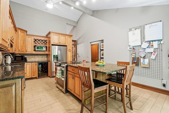 2709 Longbranch Rd, Union, KY 41091 - kitchen featuring beverage cooler, stainless steel appliances, a sink, backsplash, and beam ceiling