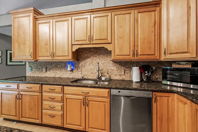 2709 Longbranch Rd, Union, KY 41091 - kitchen featuring stainless steel dishwasher, a sink, backsplash, and dark stone counters