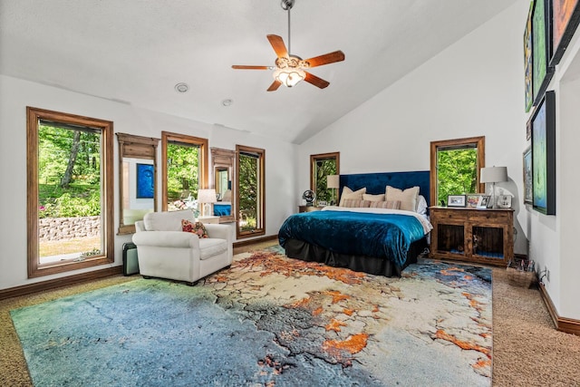 2709 Longbranch Rd, Union, KY 41091 - bedroom with baseboards, carpet floors, high vaulted ceiling, and ceiling fan