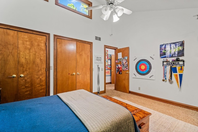 2709 Longbranch Rd, Union, KY 41091 - bedroom featuring a towering ceiling, baseboards, multiple closets, and a ceiling fan
