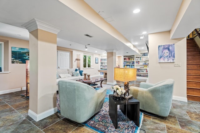 2709 Longbranch Rd, Union, KY 41091 - living room featuring stone tile floors, baseboards, stairs, and recessed lighting