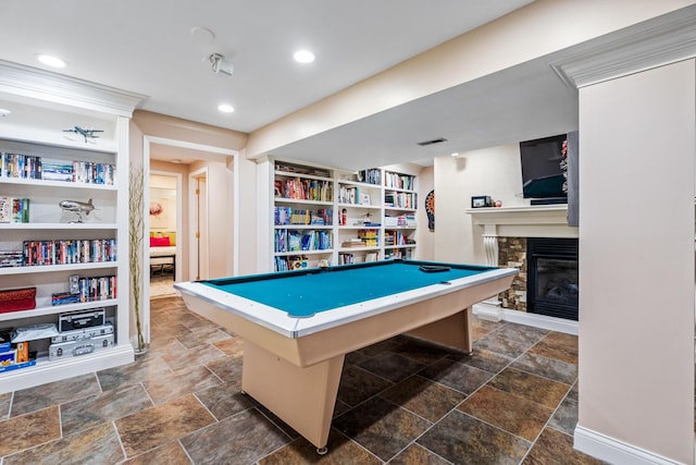 2709 Longbranch Rd, Union, KY 41091 - rec room with a glass covered fireplace, dark stone finish floors, billiards, and baseboards