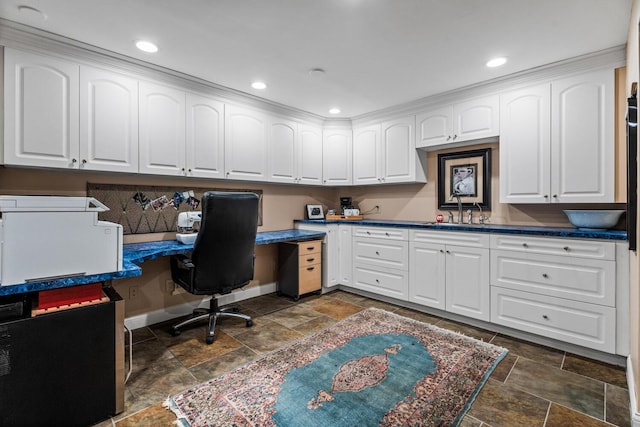 2709 Longbranch Rd, Union, KY 41091 - office with stone tile flooring, a sink, baseboards, built in desk, and recessed lighting