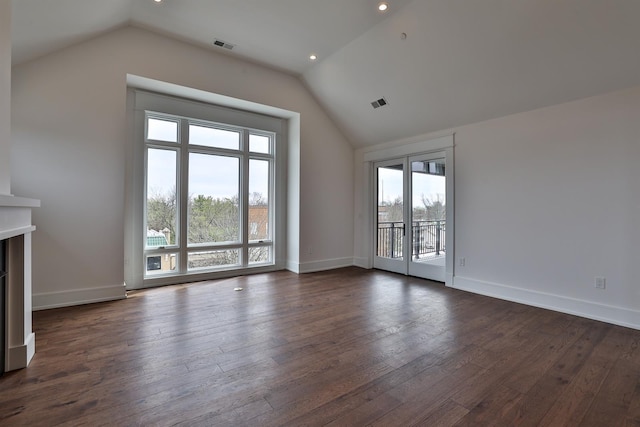 1 Highland Ave Unit 309, Fort Thomas, KY 41075 - unfurnished living room featuring vaulted ceiling, dark wood finished floors, baseboards, recessed lighting, and a fireplace