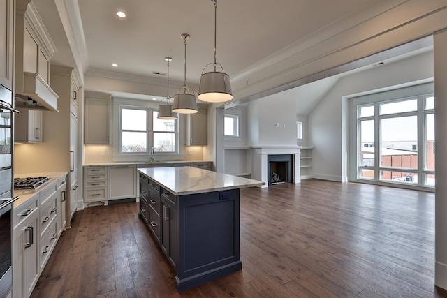 1 Highland Ave Unit 309, Fort Thomas, KY 41075 - kitchen featuring ornamental molding, a kitchen island, dark wood-type flooring, light stone countertops, and open floor plan