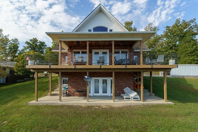 350 Leon Blvd, Williamstown, KY 41097 - back of property with french doors, a patio, a deck, a yard, and brick siding