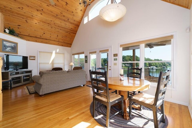 350 Leon Blvd, Williamstown, KY 41097 - dining space with high vaulted ceiling, plenty of natural light, wood ceiling, light wood-style floors, and ceiling fan