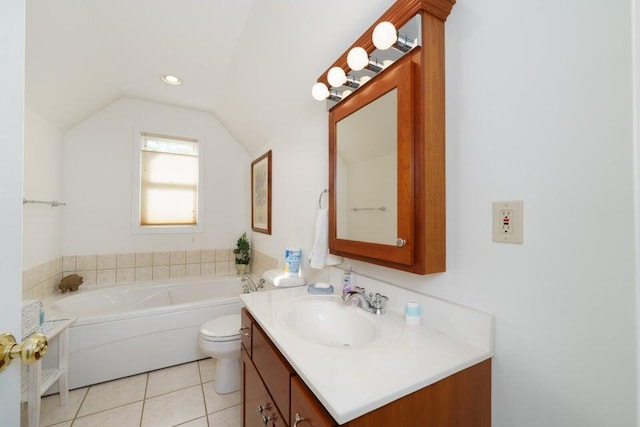350 Leon Blvd, Williamstown, KY 41097 - bathroom with vanity, lofted ceiling, tile patterned flooring, a bath, and toilet