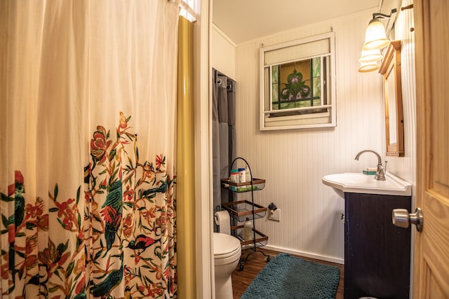 1145 Hillandale Dr, Sanders, KY 41083 - bathroom with toilet, vanity, wood finished floors, and a shower with shower curtain