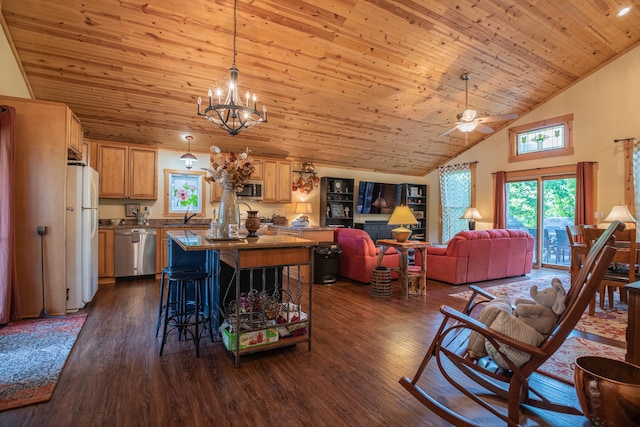 1145 Hillandale Dr, Sanders, KY 41083 - kitchen with stainless steel appliances, high vaulted ceiling, dark wood-style flooring, ceiling fan, and a chandelier