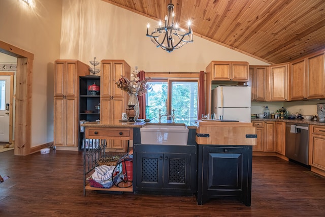 1145 Hillandale Dr, Sanders, KY 41083 - kitchen featuring dishwasher, freestanding refrigerator, wooden ceiling, high vaulted ceiling, and a sink