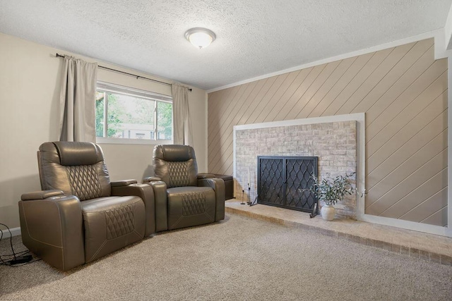 6161 Ridgewood Ct, Florence, KY 41042 - living area featuring carpet, a textured ceiling, a brick fireplace, and wood walls