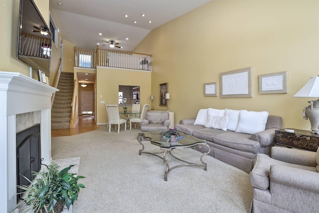2754 Mansion Pl, Crestview Hills, KY 41017 - living room with a ceiling fan, carpet, high vaulted ceiling, a fireplace with flush hearth, and recessed lighting