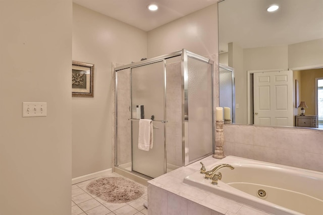 2754 Mansion Pl, Crestview Hills, KY 41017 - bathroom featuring a tub with jets, a shower stall, tile patterned floors, recessed lighting, and baseboards