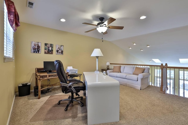 2754 Mansion Pl, Crestview Hills, KY 41017 - office featuring carpet, a ceiling fan, plenty of natural light, lofted ceiling, and recessed lighting