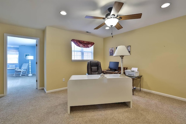 2754 Mansion Pl, Crestview Hills, KY 41017 - home office featuring light colored carpet, ceiling fan, healthy amount of natural light, and recessed lighting