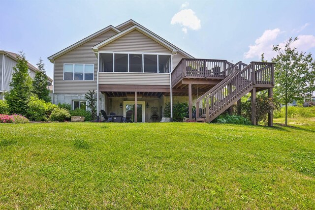 6520 Cannondale Dr, Burlington, KY 41005 - rear view of property with a deck, a yard, a sunroom, and stairs