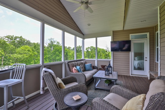 6520 Cannondale Dr, Burlington, KY 41005 - sunroom / solarium with lofted ceiling, an outdoor living space, and ceiling fan