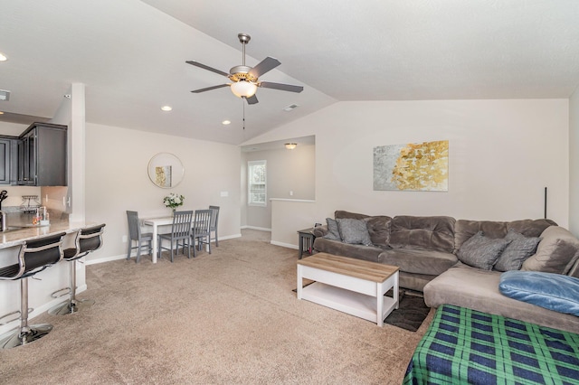 7483 Flintshire Dr Unit 5-305, Alexandria, KY 41001 - living room with lofted ceiling, a ceiling fan, light colored carpet, baseboards, and recessed lighting