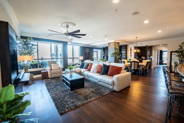 101 Harbor Greene Dr Unit W705, Bellevue, KY 41073 - living room featuring ornamental molding, recessed lighting, dark wood-style flooring, and a ceiling fan